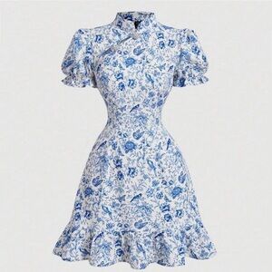 SHEIN Blue & White Floral Puff-Sleeve Midi Dress